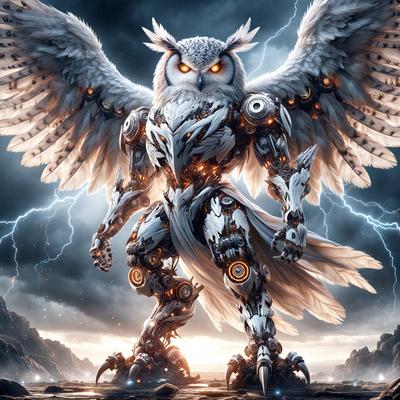 Primary subject: A robotic owl with wings and a mechanical body.

Setting/background: The robotic owl is standing on a rocky surface, with a dark sky in the background.

Visual style: The image is a digital artwork, featuring a robotic owl with wings and a mechanical body.

Colors and mood: The image has a dark and moody atmosphere, with the robotic owl as the main focal point.